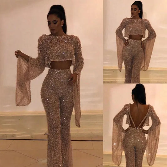 O-Neck Gilding Jumpsuit Bling Backless Sexy Fake 2 Piece Set